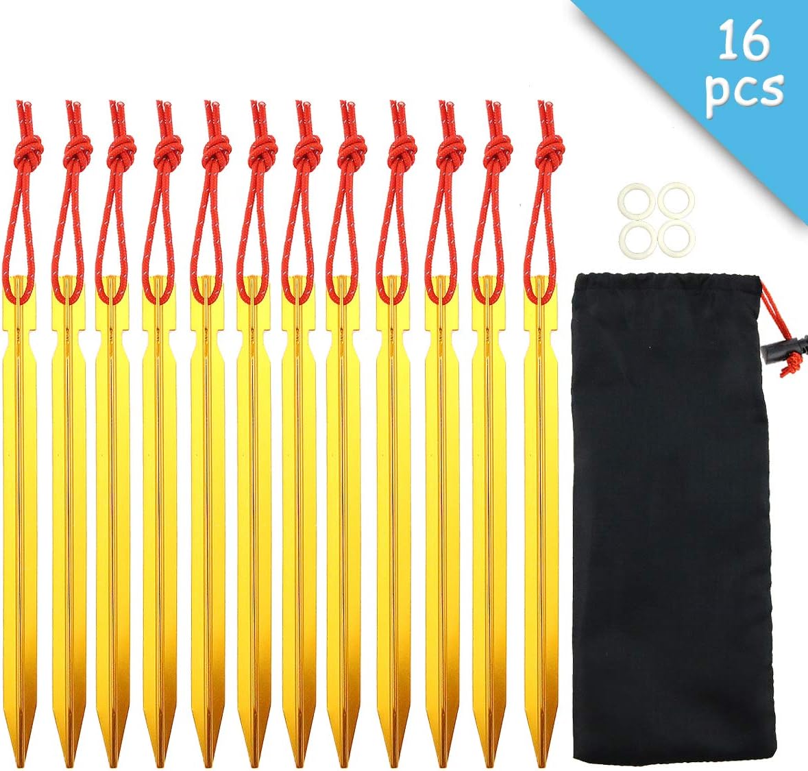 Set of 12 Tent Stakes Pegs Aluminium Alloy Stake 7 Inches with Reflective Rope and 4 Small Silica Gel O-ring for Camping Hiking backpacking Outdoor Activities
