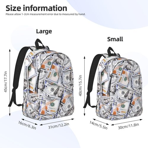 GVGOAGL Fun Money Dollar Novelty Backpack for Girls Boys Women Lightweight Canvas Bookbag Casual Daypack for Travel Outdoor Camping, 17 Inch