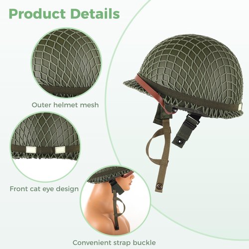 M1 Helmet, US Army Helmet, WW2 Gear Helmet Metal Steel Shell, Replica Helmet with Net Canvas Chin Strap Cat Eye Band