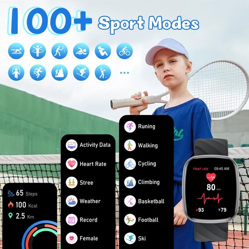 Smart Watch for Kids, Fitness Tracker with Pedometer, 100+ Sport Modes, Heart Rate, Sleep Monitor, Spo2, Calorie Step Counter, Fitness Watch 1.75"HD, Birthday Gifts for Girls Boys Teens 5-16 Black