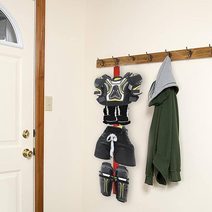 Hockey Hanger Portable Hanging Dryig Rack Hockey Gifts for Home and Outdoor Using in Ice Hockey Skating Football Camping Fishing 5 Hooks (Red)