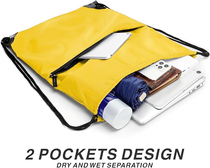 BuyAgain Drawstring Backpack Sports Water Resistant String Bag Sport Gym Sackpack for Women Men Large with Zipper, Yellow