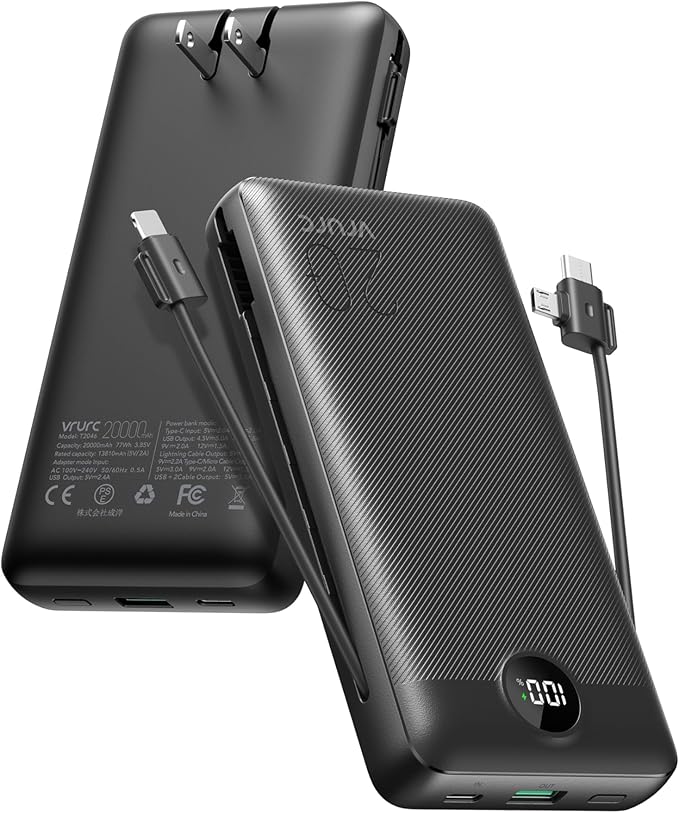 VRURC Portable Charger 20000mAh, Fast Charging Power Bank USB C,4 Output 2 Input Travel Essentials Charging Bank Equipped with LED Display,Built-in Wall Plug and Cables,Phone Charger Battery,Black