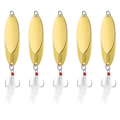 PATIKIL Fishing Spoons 1/4 oz 7g, 5Pcs Fishing Lures Casting Spoon Treble Hooks Jigs Hard Metal Spinner Baits for Freshwater Saltwater Salmon Bass, Gold Tone