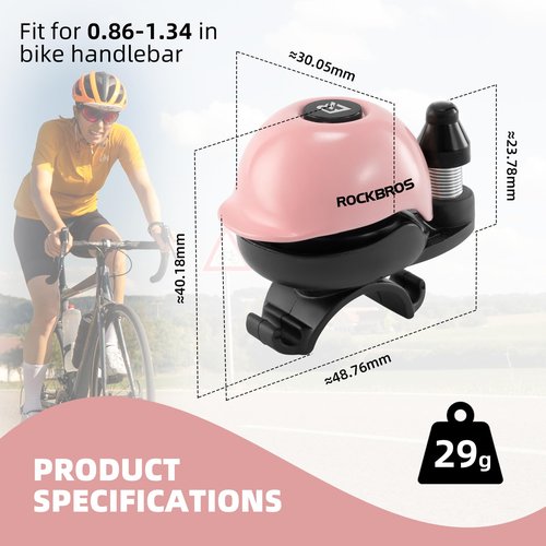 ROCKBROS Classic Bike Bell Bicycle Bell Mountain Bike Bells 80dB, Aluminum Alloy Rotatable Base, Fit for 0.86-1.34in/22-34mm Bicycle Handlebars,Pink