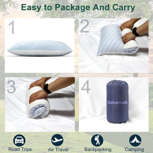 Gehannah Travel Pillow - Large 2 Pack Compressible Camping Pillow for Sleeping - Shredded Memory Foam with 2 Storage Bags - Supportive for Adults, Kids, Outdoor, Backpacking, Hiking Gear