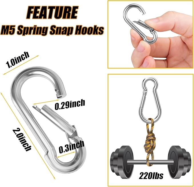 200PCS Spring Snap Hook Carabiner, 3/16" Galvanized Steel Snap Clip Hook, 2" Heavy Duty Quick Link Clip Keychain, 220LBS Holding Capacity Carabiner Clip for Camping Gym Outdoor, Door Leash & Harness