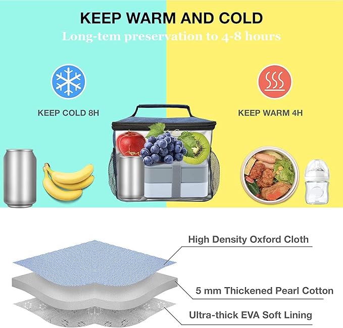 ExtraCharm Insulated Lunch Bag for Women/Men - Reusable Lunch Box for Office Picnic Hiking Beach - Leakproof Cooler Tote Bag Organizer with Adjustable Shoulder Strap for Adults - Black