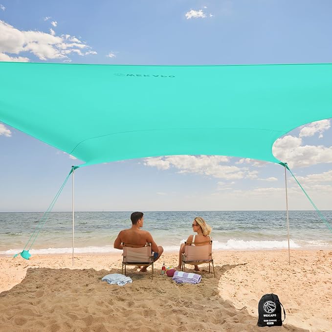 WEKAPO Beach Tent Sun Shelter - Easy Setup Beach Canopy with 4 Sturdy Poles, Large Sandbags and Shovel, 7'1'' Tall, Windproof Sun Shade for Backyard and Camping, UPF 50+ Protection