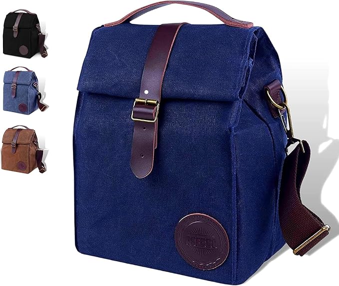 Blue Lunch Bag – Insulated Waterproof Lunch Box for Work, Picnic & Travel – Durable Medium-Size Canvas Lunch Bag for Women & Men – Leakproof & Stylish Dark Blue Lunchbox with Shoulder Strap