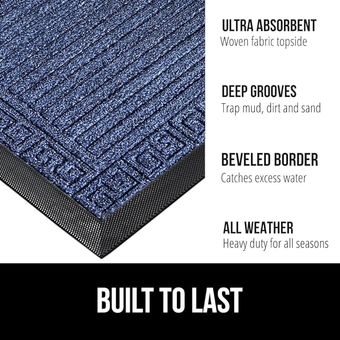 GORILLA GRIP 100% Waterproof All-Season WeatherMax Doormat, Durable Natural Rubber, Stain and Fade Resistant, Low Profile, Indoor Outdoor Door Mats, Easy Clean Entrance Mat, 17x29, Navy Greek Keys