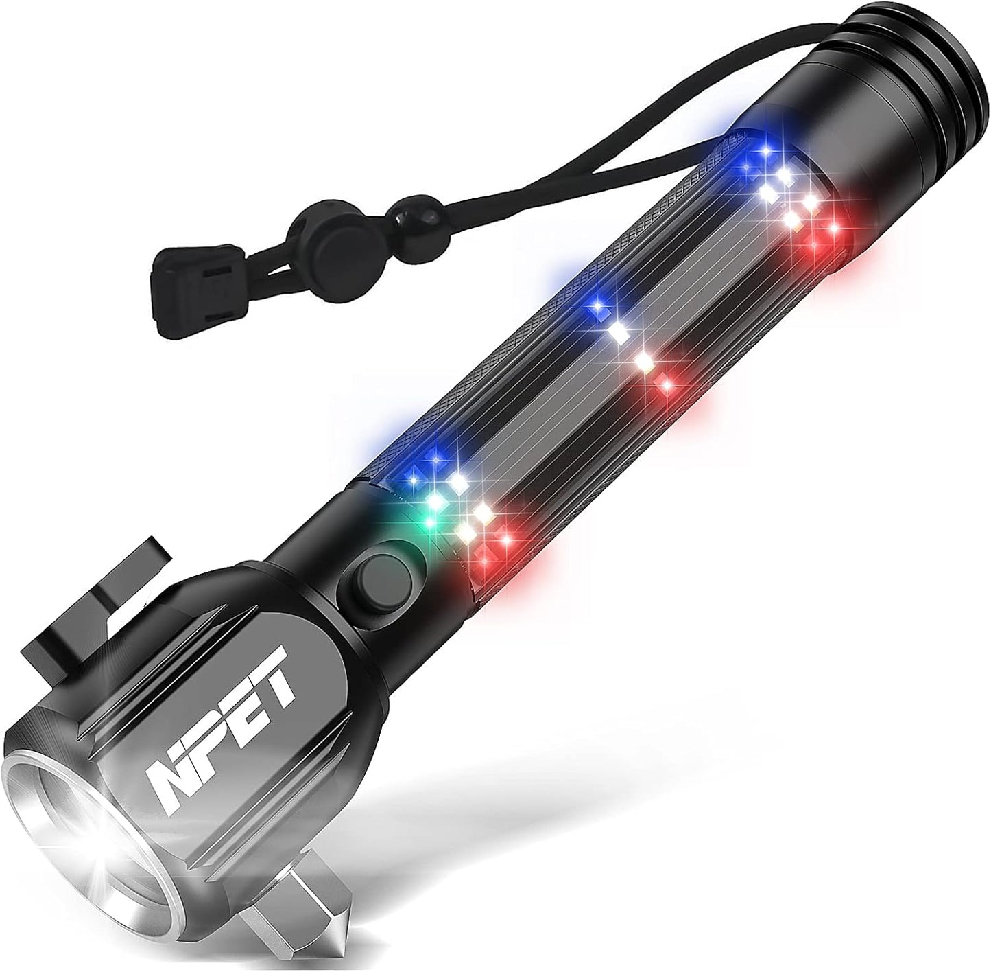 NPET T10 Car Flashlight 500 Lumens LED COB Light Solar Powered USB Rechargeable Tactical Multi-Function Torch Tool with 120dB Siren Window Breaker Seat Belt Cutter Compass for Camping