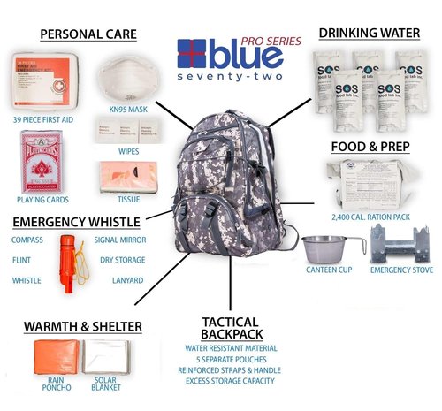 Blue Coolers Blue Seventy-Two - Pro Series - Camo Deluxe | 72 Hour Emergency Backpack Survival Kit for 1 Person | Survival Kit for Wildfires, Earthquakes, Tornado, Hurricane, and Other Emergencies