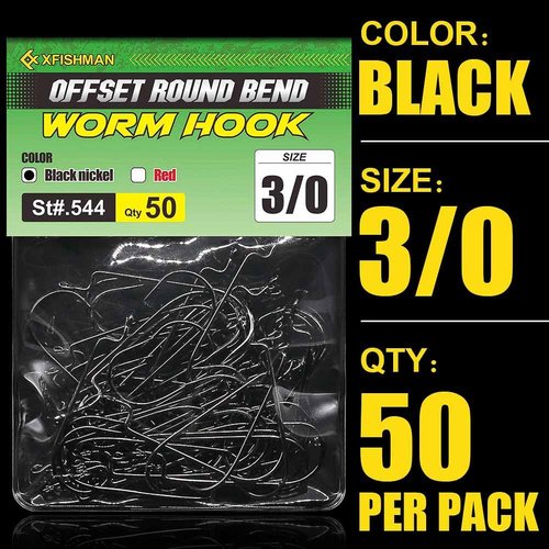 Offset-Worm-Hooks-for-Bass-Fishing-Round Bend Plastic Worms Texas Rig Hook Black Red 1/0 2/0 3/0 4/0