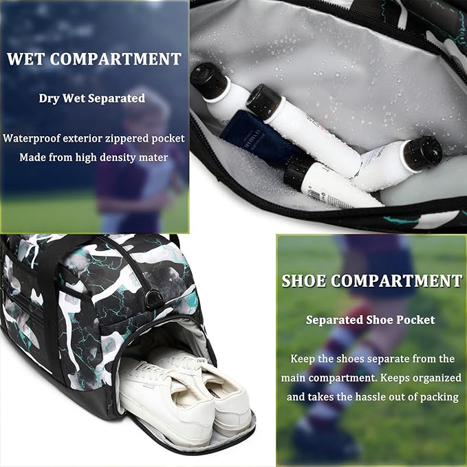 Kids Overnight Duffle Bag Boys Sports Gym Bag with Shoe Compartment & Wet Pocket Teens Gymnastics Bag Carry On Weekender Travel Bag