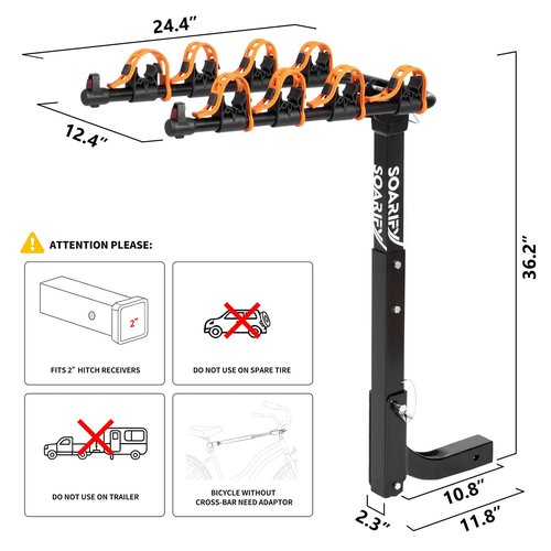 Soarify Bike Rack for Car, SUV, RV, Mount Hitch Bike Back 4, Up to 143 lbs Load Bicycle Rack Carrier Rubber Straps, Tilt Release with 2" Hitch for Cars (4BIKES)