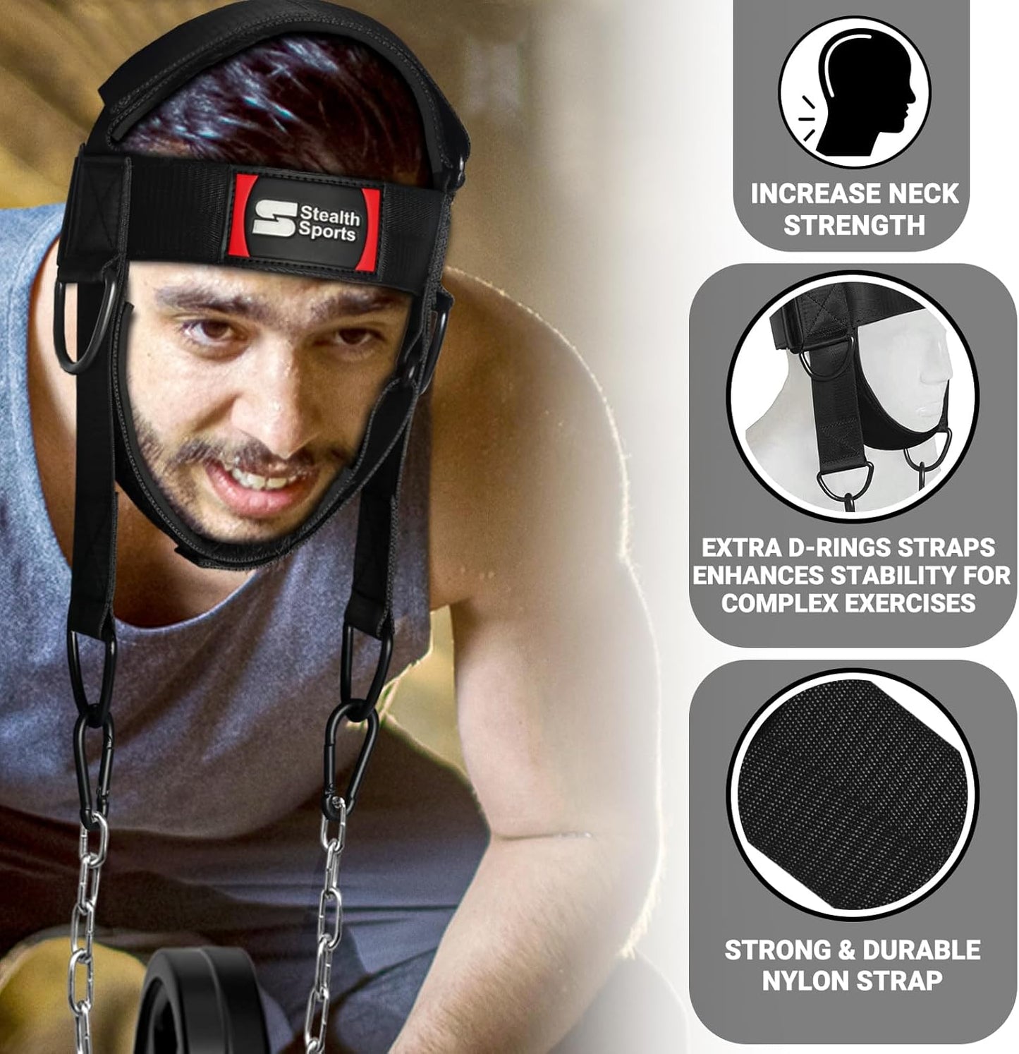 Neck Harness with 88cm Adjustable Chain - 360 Degree Thick Neoprene Padded Chin & Head Straps Neck Exerciser for Weight Training & Neck Workout Head Harness for Weight Lifting