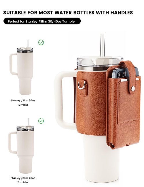molshine Water Bottle Carrier Bag Holder with Phone Pocket Adjustable Strap for Stanley 30 40oz, Insulated PU Leather Cover Sleeve Sling Crossbody Bag for Walking Camping Hiking Travelling (Brown)