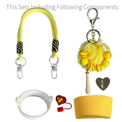 Softball Charms Silicone Straw Cover Cap Lid Set With Strap Carrier For Stanley Cup Accessories 30 40 oz Tumbler,Water Bottle Holder With Strap and Attachments (Yellow)