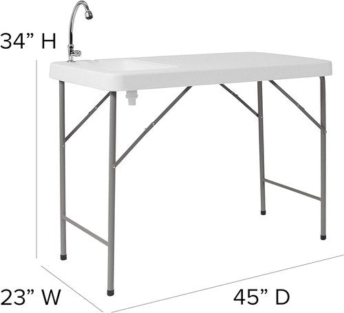 Flash Furniture Wesley 4' Portable Fish Cleaning Table with Sink, Outdoor Portable Folding Camping Sink Table with Faucet, and Hose Attachment, White