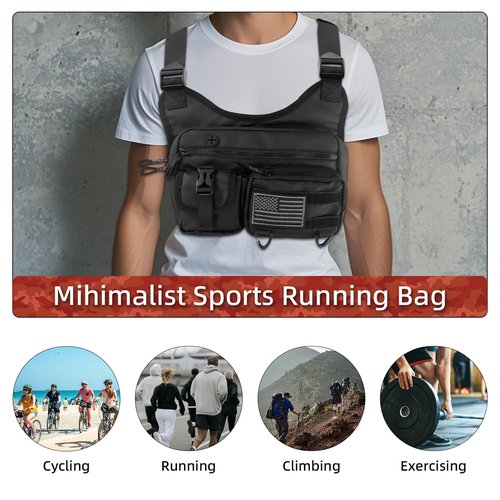QCBF Outdoor Sports Chest Bag for Men, Running Vest Tactical Pack, Water Resistant Lightweight Front Run, with Extra Storage, Chest Vest Holster Fits Most Pistols, Fit Hiking (Black)