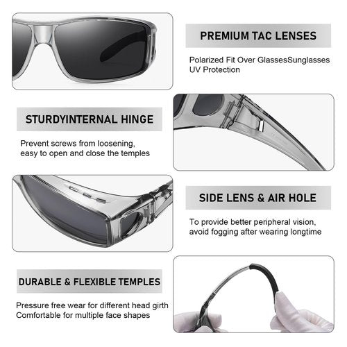 Wzerry Fit Over Glasses Sunglasses for Women Men, Polarized Oversized Sun Glasses for Prescription Glasses UV400 Protection (Transparent Grey Frame/Grey Lens)