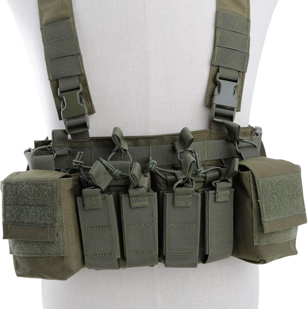 Tactical Chest Vest Rig Adjustable X Harness with 5.56 9mm Rifle Mag Pouches for Airsoft Shooting Wargame Paintball