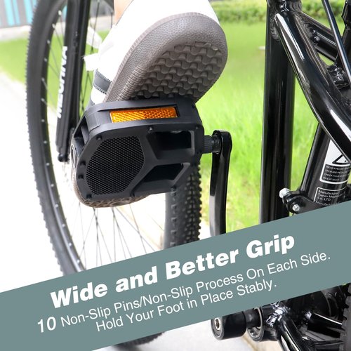 PP 9/16 Inch Mountain Bike Pedals - 1 Pair with Reflective Strips, Non-Skid Platforms, Waterproof for Road, Mountain, E-Bike & BMX