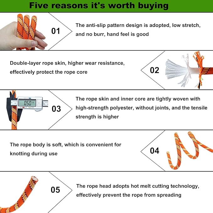Double Braided Polyester Rope (1/2 in x 200 ft) Strong Arborist Rigging Rope 48 Strands for Tree Work Climbing Pulling Sailing, Orange
