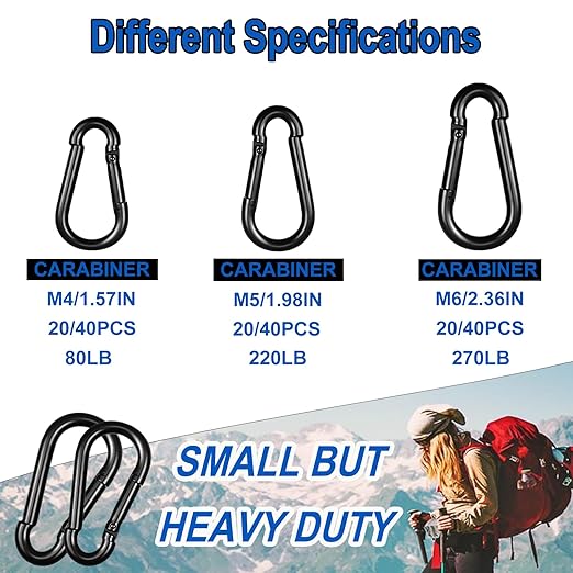 40PCS M6 Carabiner Clips,2.36Inch Spring Snap Hook Quick Link Small Carabiner Clips,Spring Link Buckle for DIY Fishing Camping Hammock Dog Leashes-270LBS Holding Capacity
