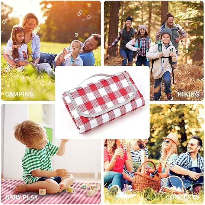 TONDAZHIYO Picnic Blankets Waterproof Foldable ，80”x60” Beach Blanket，Camping Sand mat, Large sandproof Lightweight Outdoor Blankets, Park (red & White)