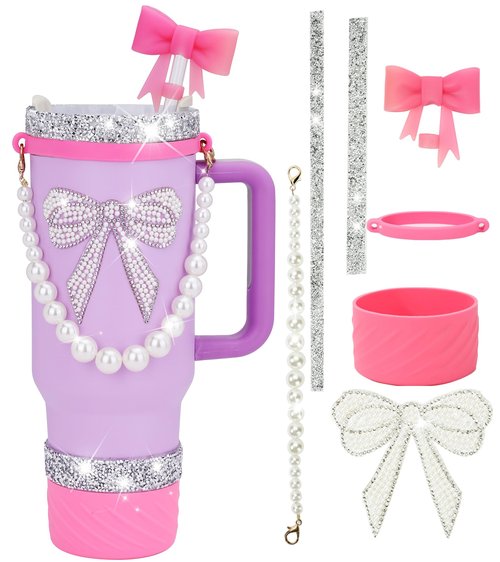 DJRF JJ Stanley Cup Accessories Set 40 oz 30 oz Stanley Cup Boot Silicone Strap Flash Star Decorative Sticker Charms Pearl Tidai Decoration (Bright pink7)