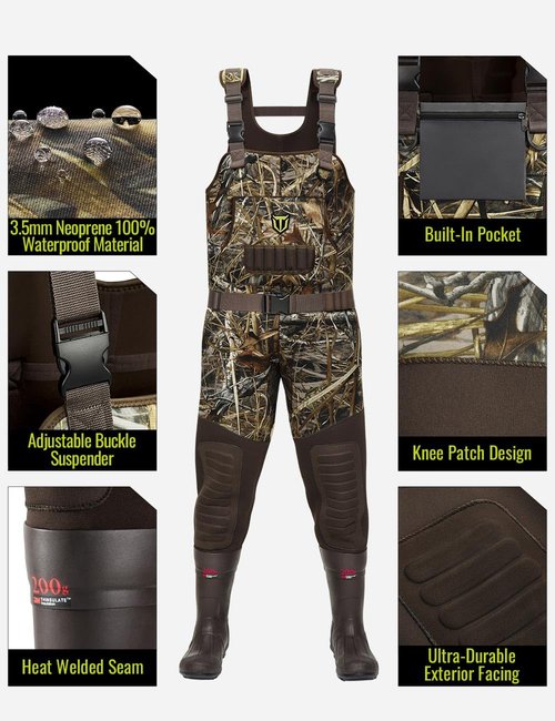 TIDEWE Hunting Waders with 200G Insulation Rubber Boots, Waterproof Cleated Neoprene Bootfoot Fishing Chest Waders (Size 11)