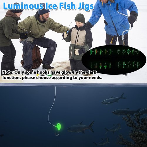 FishTrip Ice Fishing Jigs Kit, 30Pcs Glow Ice Fishing Lure Set for Winter Ice Jigging Crappie Sunfish Perch Panfish Walleye Pike Jigs, Ice Fishing Gear with Storage Box