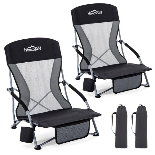 Homcosan Portable Low Folding Beach Chairs Set of 2 - Lightweight Camping Chairs for Adults with Cup Holder & Storage Pockets, Carry Bag Included (Black & Gray)
