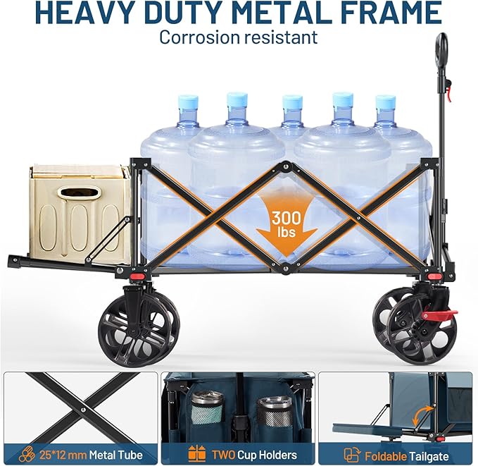 TIMBER RIDGE 47" L Collapsible Wagon with Tailgate & Brake, 300lbs Heavy Duty Beach Wagon with All-Terrain Big Wheels, 250L Foldable Utility Cart for Sand Camping Sports Shopping, Blue