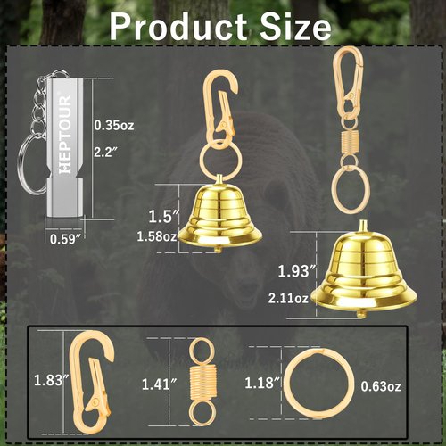 Heptour Loud Bear Bell with Emergency Whistle Set for Hikers, Solid Brass Bear Bells with Silencer，Emergency Whistles and Carabiner for Hiking/Survival/Camping/Climbing/Boating