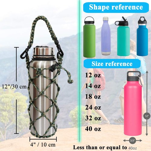 CigyYogy Paracord Water Bottle Holder for Hiking & Survival Adjustable Paracord Sleeve with Emergency Rope Fits 40 oz Bottles, Durable Outdoor Gear for Camping, Backpacking - Pack of 2 (Black,Camo)