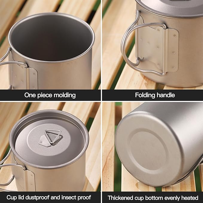 Titanium Camping Mug 300ml/10.1oz Lightweight Titanium Pot with Lid Foldable Handle Tea Cup Coffee for Outdoor Backpacking Hiking Traveling Picnic