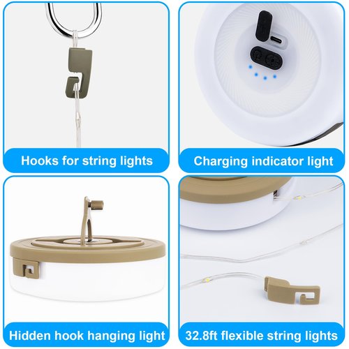 LIGBT 32.8FT Camping String Lights 3-in-1 Outdoor String Lights & Lantern with 15 Lighting Modes, Waterproof, Rechargeable, Beige