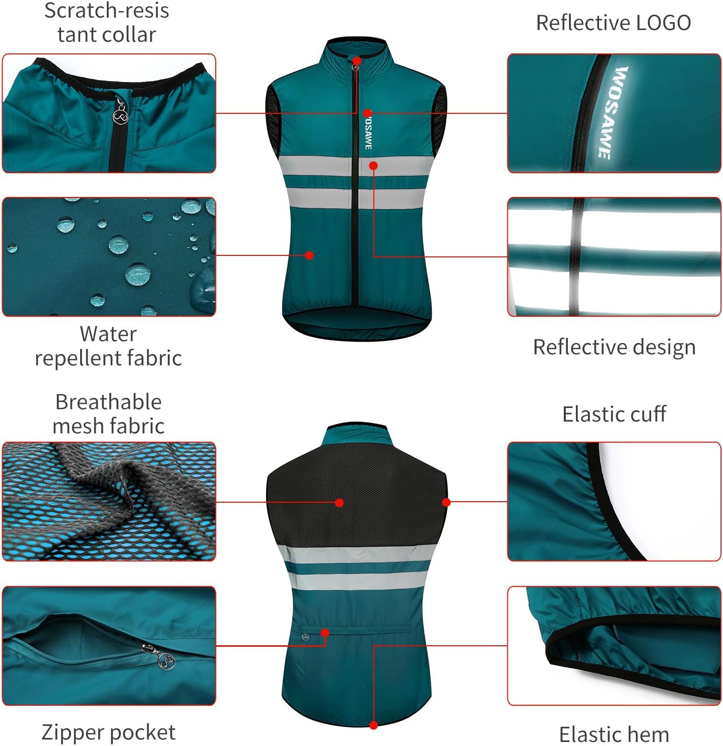 WOSAWE Men's High Visibility Cycling Wind Jacket Water Resistance Reflective Windbreaker
