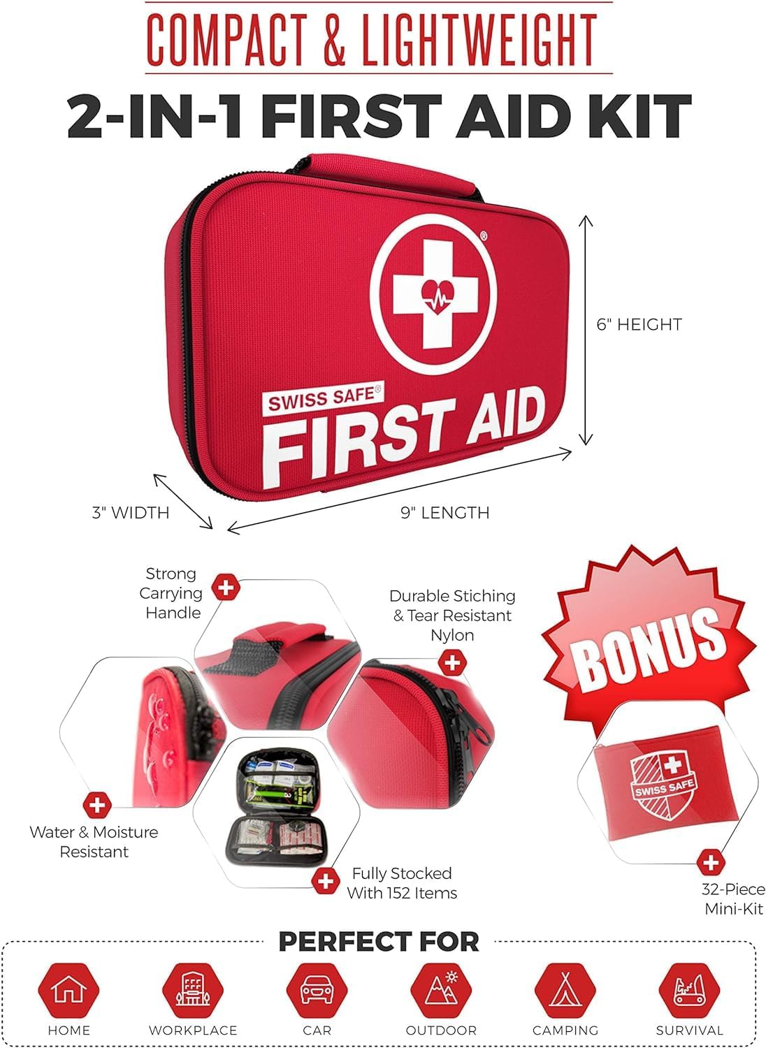 Swiss Safe 2-in-1 First Aid Kit for Car, Travel & Home, Businesses - Bonus Mini Kit for Medical Emergency Aid, Survival, Camping - 64 Piece, Travel FAK