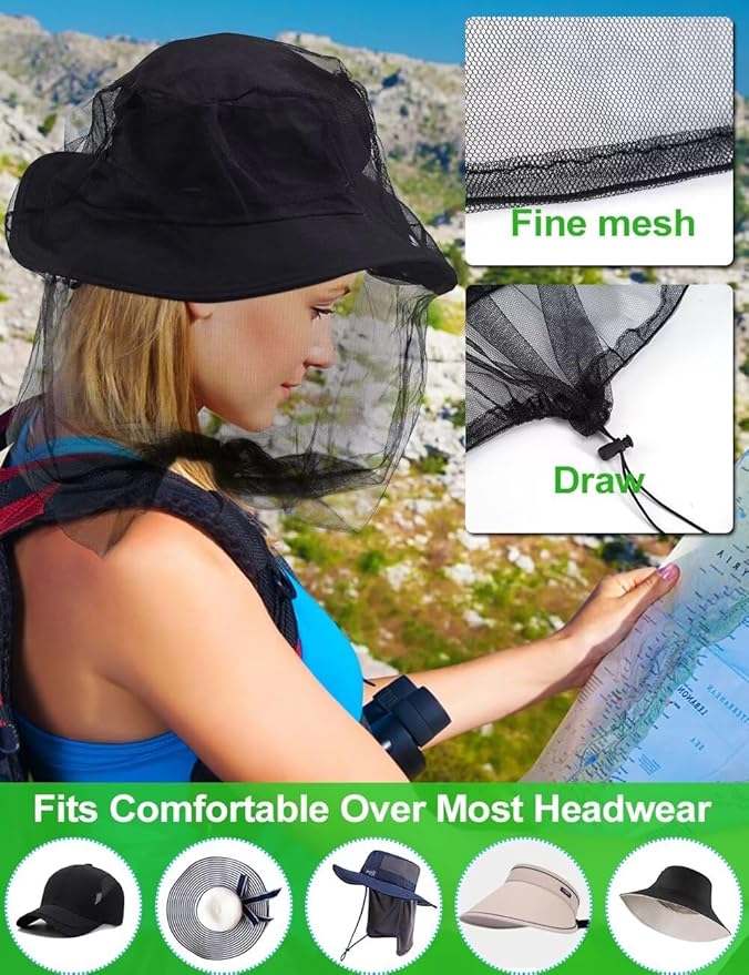 wohohoho Mosquito Head Net Mesh with Drawstring, Bug Face Netting for Hats, Mesh Face Shield for Men & Women Screen Net for Any Outdoor Lover Midges, Bugs & Gnats (4 Packs, Gray Colors, Updated Size)