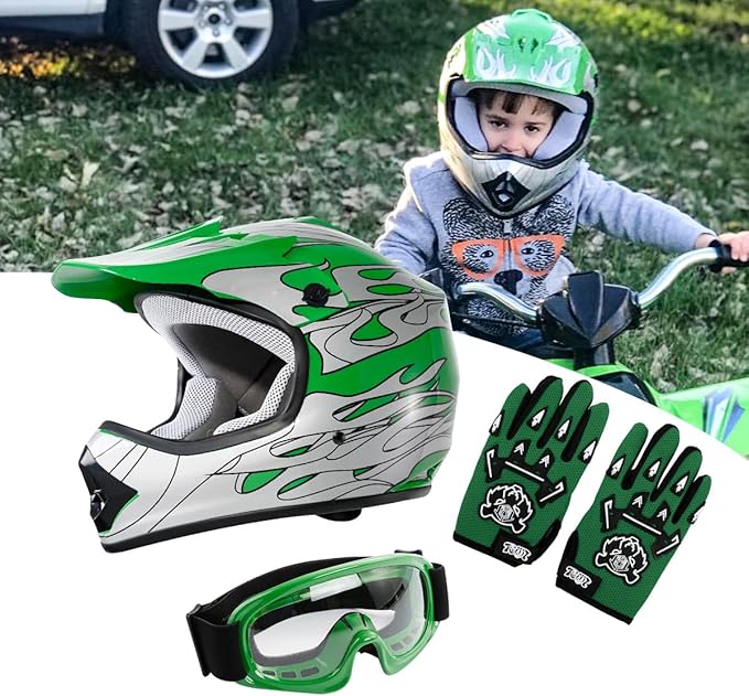 TCT-MOTORPARTS DOT Youth Helmet Kids Motocross ATV Motorcycle Four Wheeler Riding Racing Helmets Offroad Street Dirt Bike Go-Kart BMX MX Full Face Helmet Green Flame Samll Size