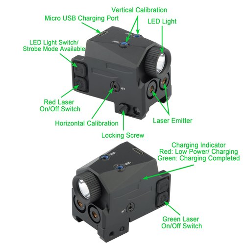 Pistol Light, Green/Red Laser Light Combo for 20mm Picatinny Rail Weapon Light Tactical Laser Flashlight USB Rechargeable