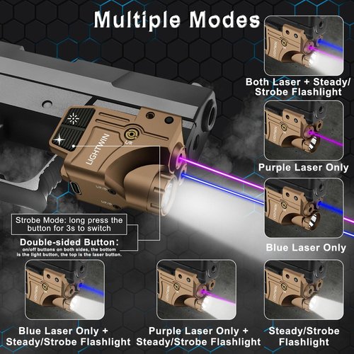 Blue Purple Laser Beams with 800 Lumens Flashlight for Pistols, 3 in1 Laser Light Combo, Tactical USB Rechargeable Laser Sight, Strobe & Steady Flashlight for Picatinny Rail