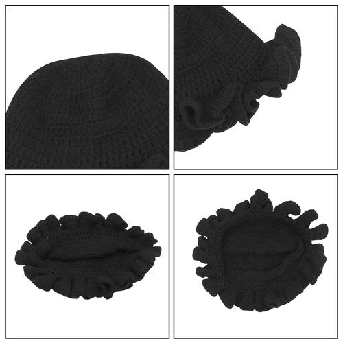 Eilova Orityle Women Crochet Bucket Hat Cute Winter Ruffled Brim Floppy Cap Handmade Knit Cloche Hats Cute Boho Beanie Skull Caps Black