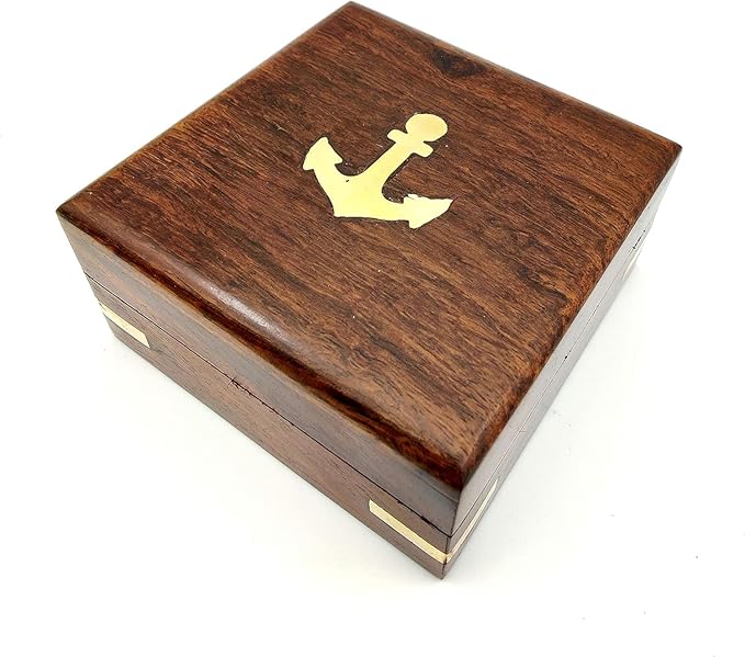 OCEAN REPLICAS Pocket Sundial Compass, Both Side Handwork on The Sundial Bird with Wooden Box.