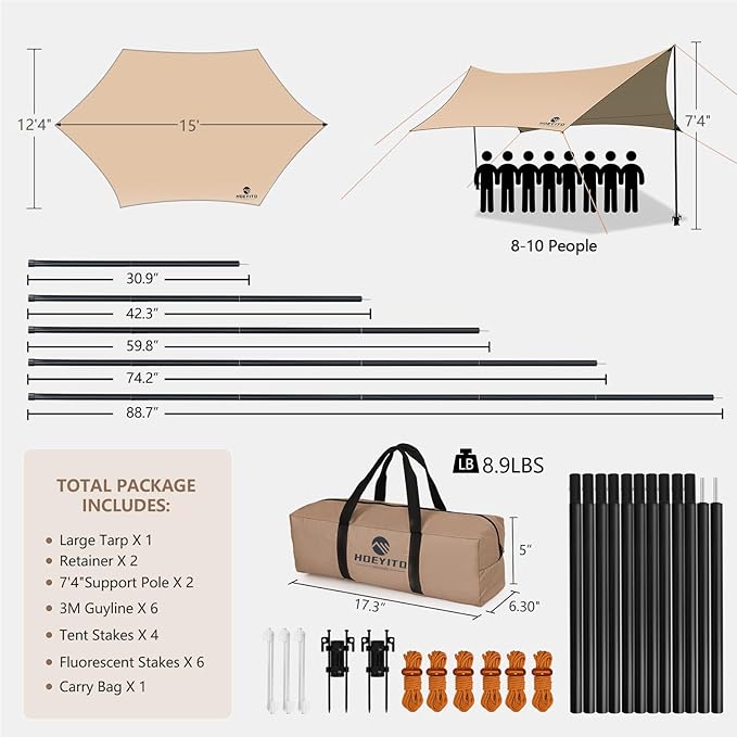 Camping Tarp with Poles & Retainer,15x12.5FT Large Waterproof 210D Oxford Cloth Camping Canopy, Anti-UV UPF100+ Tent Tarp Car Awning for Outdoor, Picnic, Hammock, Car, Backpacking(Khaki)