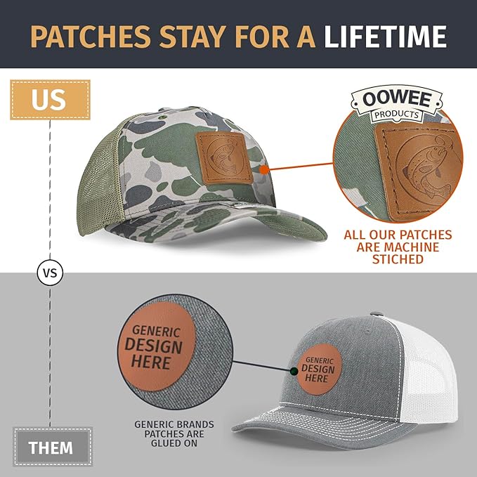 Leather Patch Hat for Men - Richardson 112 Trucker Hat w/Full-Grain Leather Patch, Laser-Engraved, Machine-Stitched